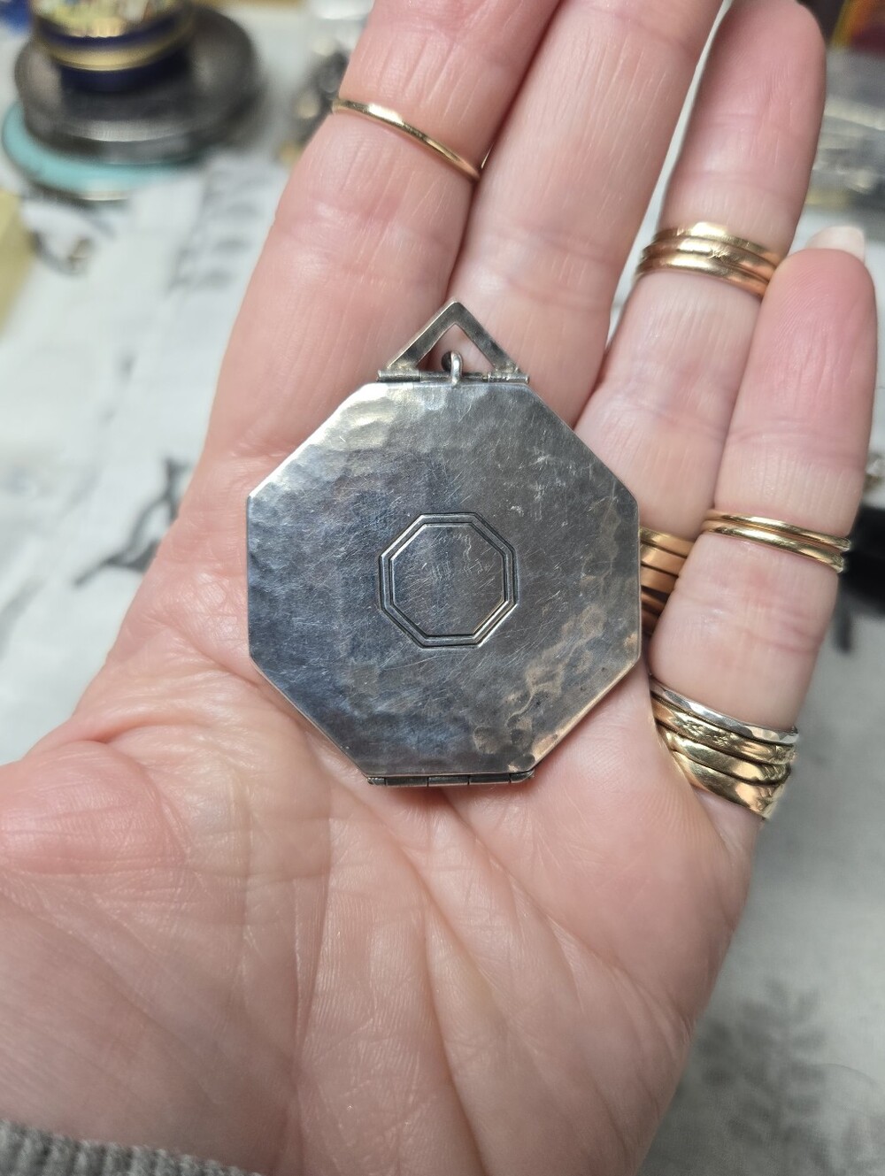 Victorian Octagonal Hammered Sterling Silver Compact Pendant